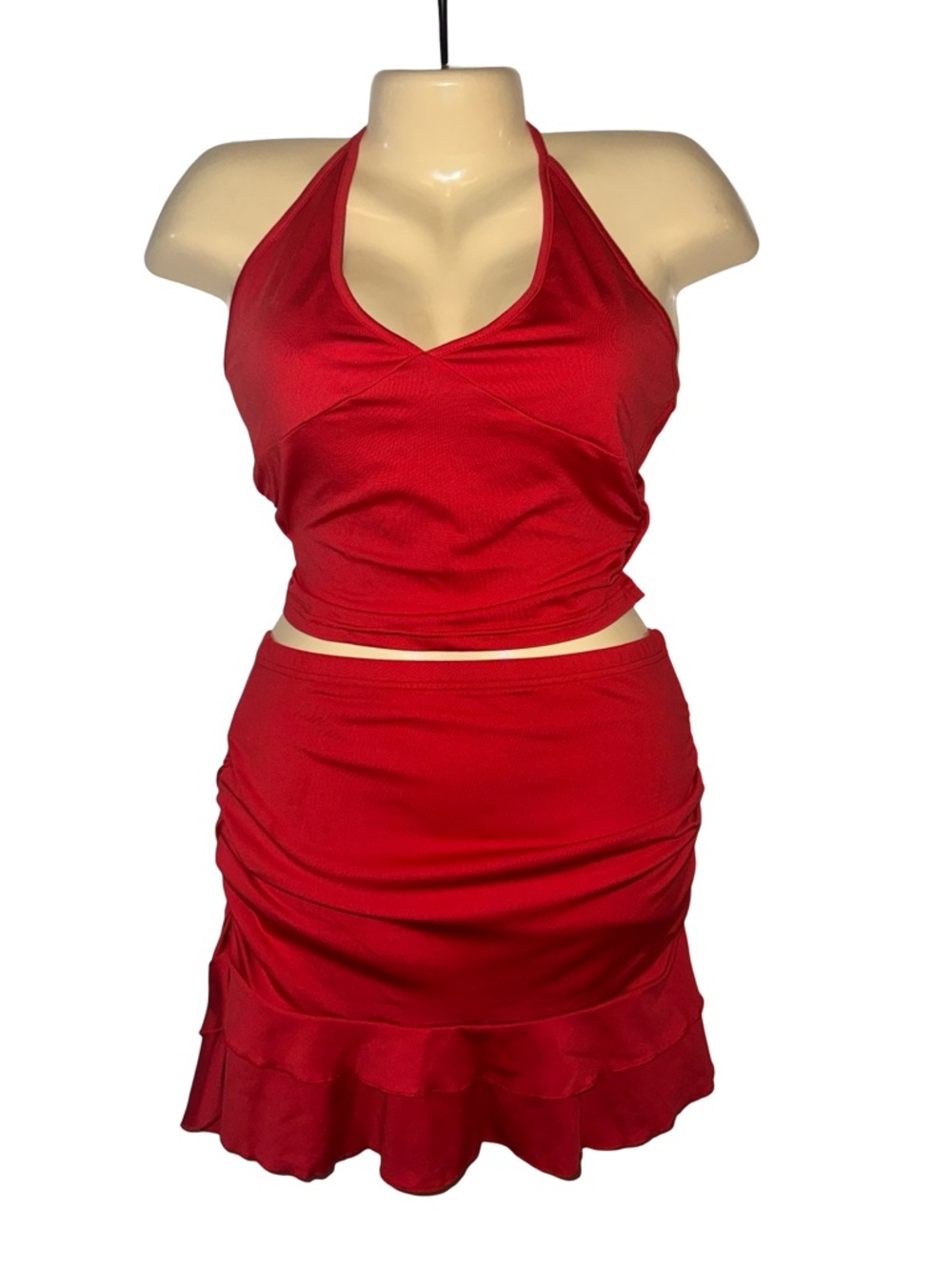 Red Halter Crop Top & Ruffled Mini Skirt Set